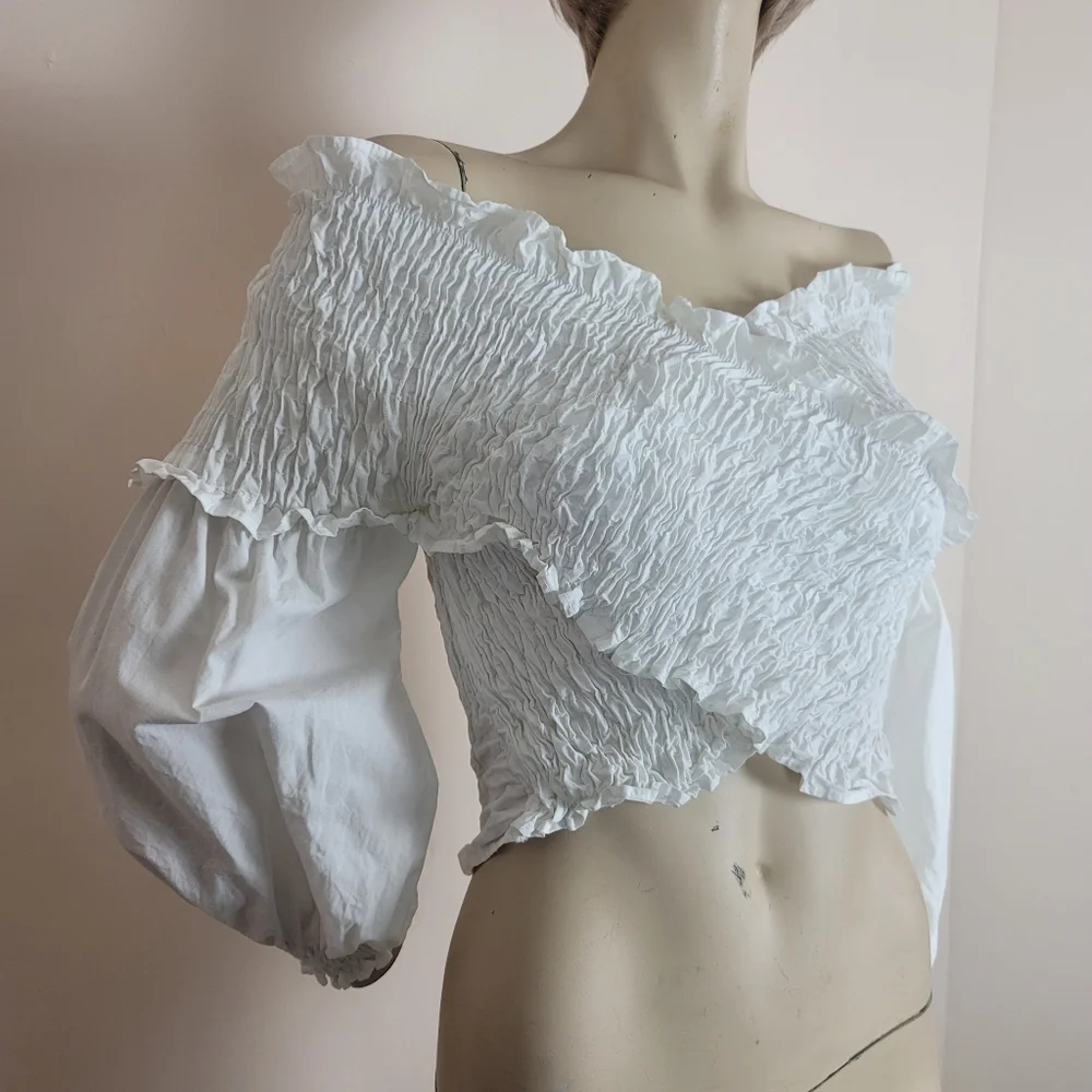 Zara White Smocked Wrap Crop Top 100% Cotton Size Medium